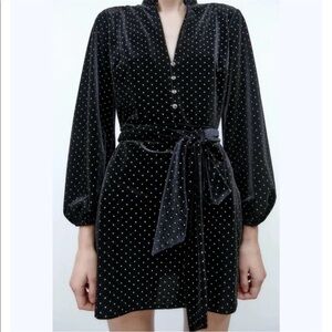 ZARA Black Velvet Shirt Dress With Tie-Waist Tiny Gold Metal Grommets L